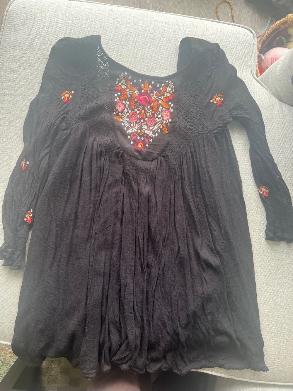 Free People Black Embroidered Peasant Dress with Multicolor Floral Detail